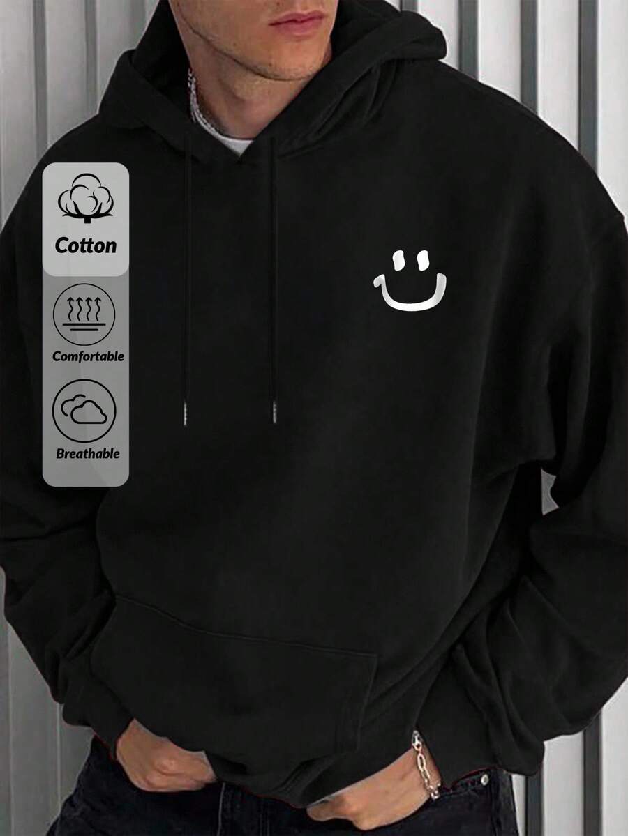 EURMUSE 100% 纯棉男士脸部刺绣修身连帽衫 - 黑色 - 查看 1