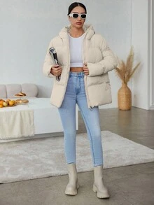 RueChic Của phụ nữ Xám Màu thuần áo có mũ Đệm Áo khoác - Màu be - Xem 4