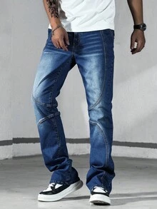 Manfinity Homme 男士牛仔紧身拼接蹄形裤 - 深色水洗藍 - 查看 5