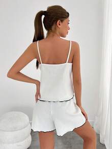 RueChic Wonen Contrast Colour Lace&Lettuce Trim Cami Top And Lettuce Trim Detail Lounge Shorts Homewear Set - White - View 2
