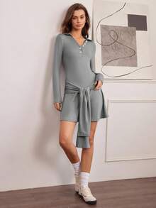 Hanevo Women's Solid Color Lapel Front Button Tie Waist Design Short Dress Fall Cloth For Women - Light Grey - View 1