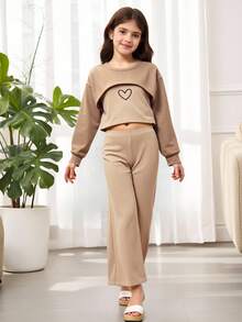 Girls Heart Print Cami Top & High Low Hem Top & Wide Leg Trousers Set - Khaki - View 9