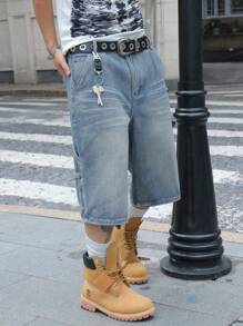 Manfinity EMRG Quần short denim ống rộng 5 điểm đơn giản, dáng rộng, có túi loe dành cho nam - Màu xanh lam - Xem 1