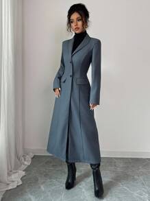 Elenzga 女士优雅高品质通勤办公室高端纽扣设计修身 A 字中长西装外套，秋冬女装 - 深灰色 - 查看 3