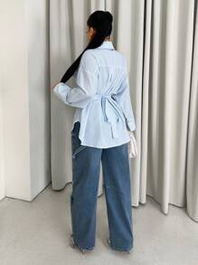 Swim SXY 女式系带纯色腰部修身休闲侧开衩衬衫 - 藍色 - 查看 3