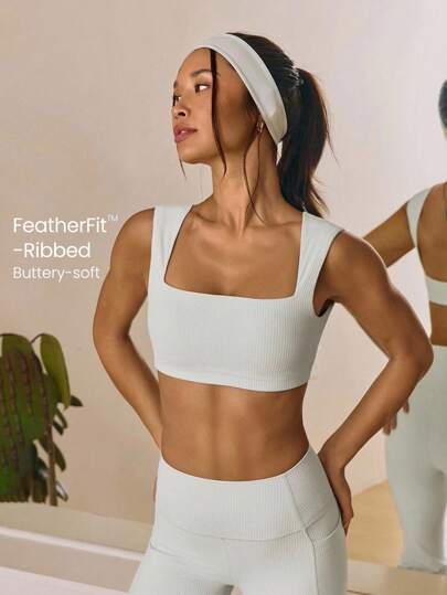 GLOWMODE FeatherFit™ 罗纹柔软弹性方领运动文胸低冲击瑜伽普拉提工作室日常休闲装可拆卸罩杯