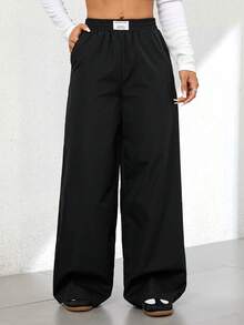 SHEIN PETITE 秋冬宽松休闲度假长袖黑色直筒长裤 - 黑色 - 查看 3