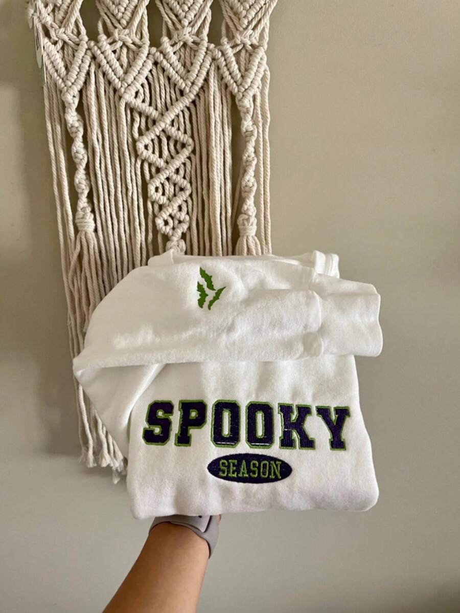 INAWLY Halloween Sweatshirt, Comfortable Seasonal Color Sweatshirt, Halloween Embroidered Horror Pattern, Round Neck Embroidered Pattern Sweatshirt - White - View 1