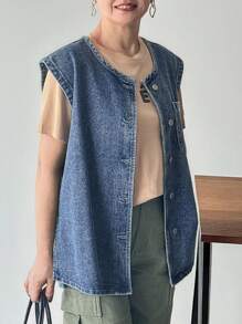 FRIFUL 女式休闲水洗无袖牛仔上衣 - 藍色 - 查看 3