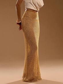 SHEIN BAE 女士镂空设计性感加长针织裙 - 黃色 - 查看 7