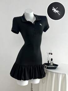 SHEIN Unity 女式休闲修身腰绣花连衣裙 - 黑色 - 查看 1