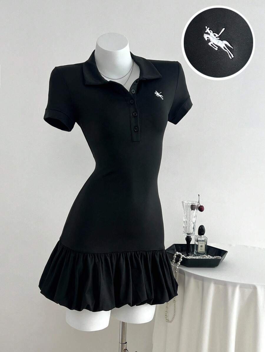 SHEIN Unity 女式休闲修身腰绣花连衣裙 - 黑色 - 查看 1