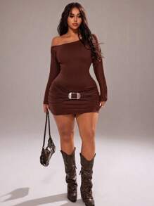 Rustia Sexy Bodycon Asymmetric Shoulder Ruched Waist Mini Dress Fall Cloth For Women - Brown - View 4