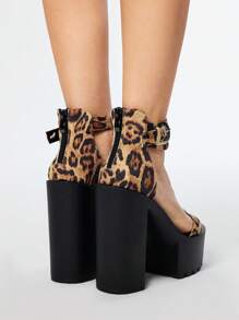 ROMWE Grunge Punk 女士时尚豹纹系带凉鞋，夏季哥特朋克风格金属扣露趾时尚鞋，万圣节 - 黃色 - 查看 5