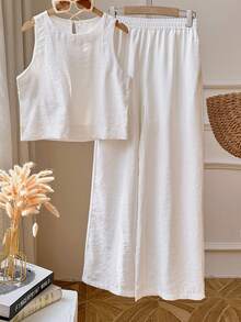 INAWLY 2pcs Women Sleeveless Solid Camisole And Pants Set - White - View 5