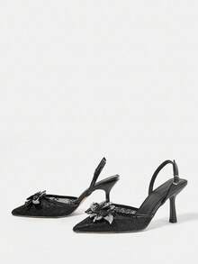 CUCCOO HITCHD 女士 V 型低帮优雅交叉带方头踝带扣花卉装饰方头高跟鞋，适合礼服、情人节 - 黑色 - 查看 9