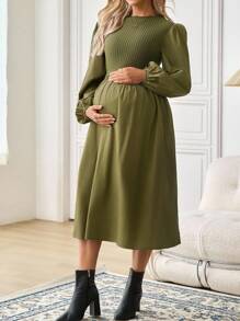 SHEIN 秋装,秋季服装,孕妇装 秋季服装 孕妇装 休闲/通勤 灯笼袖连衣裙 - 軍綠色 - 查看 7