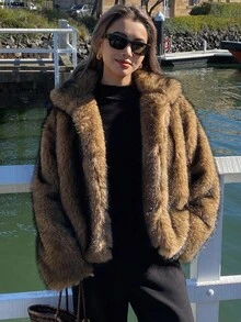 DAZY Women's Warm Faux Fur Collar Jacket For Autumn/Winter Women Coats - Brown - View 1