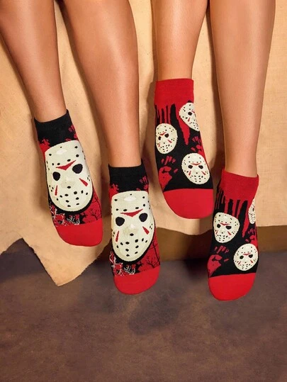 WB Horror X SHEIN 2 Pairs Men&Women Soft&Breathable Moisture-Wicking Casual Ankle Socks With Pattern Fashionable And Cute Black&Red Short Socks Reinforced Toe & Heel For Durabiliy Unisex For Men & Women All Season All-Match Summer Winter