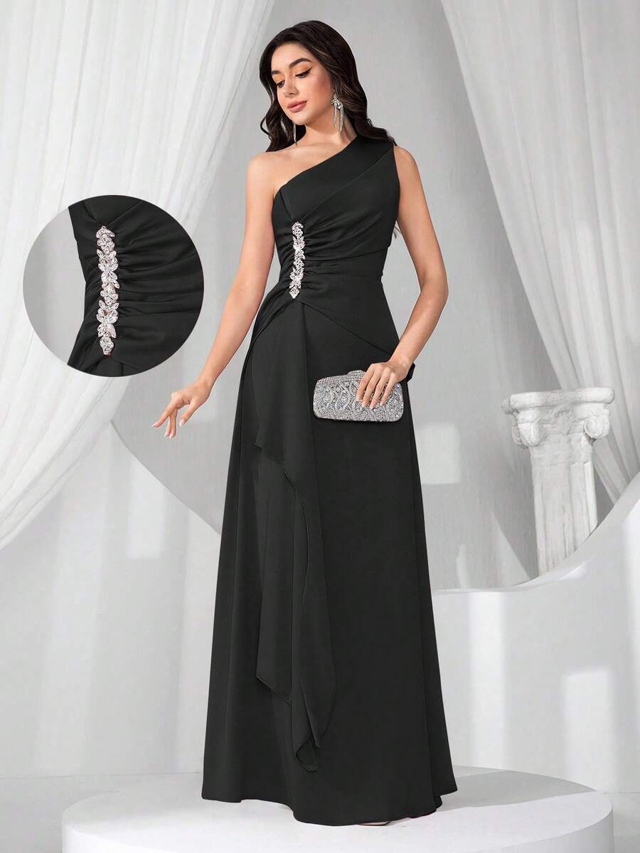 New Fashionable Elegant Slim Fit Asymmetric Neckline Sleeveless Dress - Black - View 1
