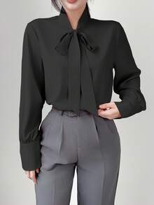 Uhlyne 纯色优雅长袖纽扣衬衫，长袖上衣 - 黑色 - 查看 3