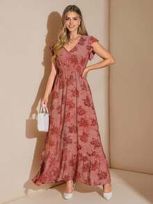 Amorya Women's Elegant Dusty Rose Velvet Burnout Floral Maxi Dress,Autumn Shirred Cap Sleeve Cinched Waist Tea Party Cottagecore Super Long Dress - Dusty Pink - View 1