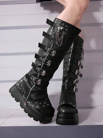Black Leather Belt Buckle With Skull, Chain, Rivet Decor, Thick Sole Knee-High Boots For Women For Christmas And New Year Holiday Valentines Spring Shoes