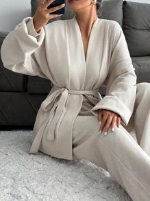 SHEIN Tall Tall Size Cotton Drop Shoulder Belted Cardigan & Pants - Beige - View 4