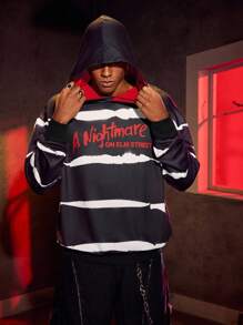 A Nightmare on Elm Street X SHEIN Áo hoodie dáng rộng thoải mái họa tiết kinh dị tối màu và chữ cái cho nam, mùa xuân/thu - màu đen - Xem 5