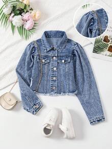 Elladie kids 青少年女孩牛仔夹克和外套，剪裁合身，时尚羊腿袖设计，做旧牛仔蓝水洗，适合青少年女孩的休闲学院风牛仔夹克 - 中等水洗藍 - 查看 3