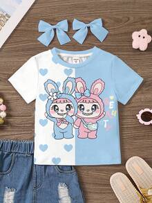 SHEIN Blanco crema y azul fresco, gráfico de animal lindo con lazo en forma de corazón, inspirado en Animal Crossing, estilo kawaii, camiseta de manga corta y cuello redondo minimalista casual para niña joven, adecuada para el verano, con vibra de ropa urbana, estilo deportivo casual de campus, picnic al aire libre, salidas, fotografía callejera, hogar, campus - Multicolor - Ver 2