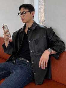 DAZY Giacca in pelle PU nera tinta unita da uomo, camicia da uomo a maniche lunghe autunnale