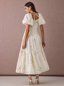 Enchnt 女式 V 领扭纹前泡泡袖 A 字长连衣裙 - 杏色 - 查看 7