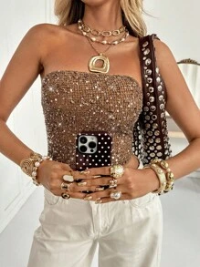 Áo crop top đính sequin thời trang dành cho nữ - Màu nâu  Mocha - Xem 1