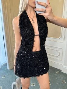 Ardnt 亮片深V性感复古时尚露背简约优雅女式背心，初秋新品 - 黑色 - 查看 5