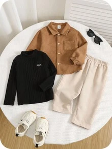 SHEIN Bộ 3 áo nhung kẻ dễ thương đa năng mùa thu/đông cho bé trai, áo len dài và quần dài, thích hợp cho tiệc sinh nhật, tiệc tối, biểu diễn, đám cưới, tiệc chào đón em bé, lễ rửa tội, lễ kỷ niệm sinh nhật lần thứ 1 Bộ trang phục mùa thu cho bé trai nhung kẻ Bộ trang phục nhung kẻ - Nhiều màu - Xem 2