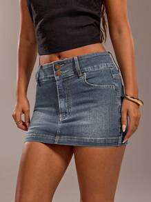 SHEIN Forever 21 女士双排扣腰部设计 High Street Spice 复古洗水蓝牛仔迷你裙 - 藍色 - 查看 5