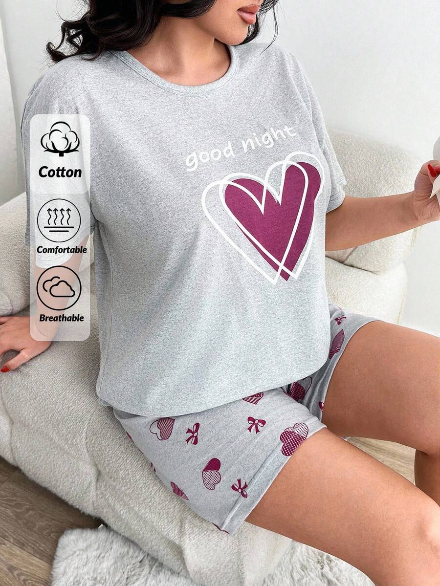 RueChic Cottonlie 2 件加大码心形印花短袖衬衫和撞色心形图案短裤睡衣套装 - 灰色 - 查看 1