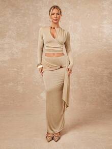 Lumalex Conjunto de Outono/Inverno Modesto e Elegante com Glitter para Festas, Raves, Festivais, Passeios na Praia, Férias, Estilo Boêmio, Estilo Boho, para Uso Externo, com Camadas Ricas, Ideal para Casamentos, Banquetes, Formaturas, Cerimônias de Maioridade, Praia e Beira-Mar. Conjunto de 2 Peças em Veludo Brilhante com Aplicações de Miçangas, Blusa de Manga Longa com Detalhe Franzido e Saia com Bainha Ondulada na Cintura Baixa. Disponível em Bege e Nude. Conjunto Elegante de 2 Peças para Baile de Formatura, Eventos Especiais como Al-Adha e Festas de Ano Novo. - Castanho Café - Ver 2