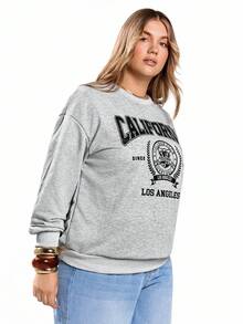 Solavibe Casual Minimalist Campus Style Back To School American Sports Graphic Loose Fit Round Neck Long Sleeve Sweatshirt For Plus Size Women - Light Grey - View 5