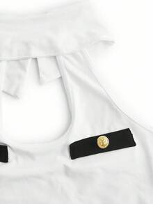 女士无袖镂空时尚撞色上衣、百褶裙服装（上衣、裙子、领带、2 副手套）