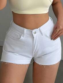 EURMUSE WOMEN HIGH WAIST WHITE DENIM SHORT EVERYDAY CASUAL RAW EDGE Women S Clothes Woman S Summer Clothes Women S Bottoms Women Short Set - White - View 5