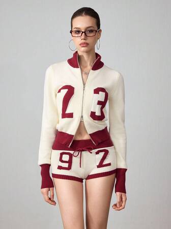 ROMWE Avant 2 pièces Ensemble tricot de cardigan et short à motif numérique rétro Millennium Babe pour femmes