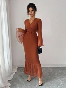 Elenzga Vestido de mujer de cuello en V con mangas de campana, con pliegues en la cintura y parches de malla, de estilo largo adecuado para fiestas, compras, festivales de música, primavera/otoño - Marrón - Ver 3
