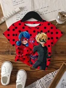 Miraculous Ladybug X SHEIN 少女夏季波点卡通图案圆领短袖T恤 - 白色 - 查看 7