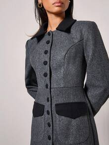 COSMINA Áo khoác dài thắt eo màu tương phản thanh lịch dành cho nữ, Thu/Đông - Xám - Xem 6