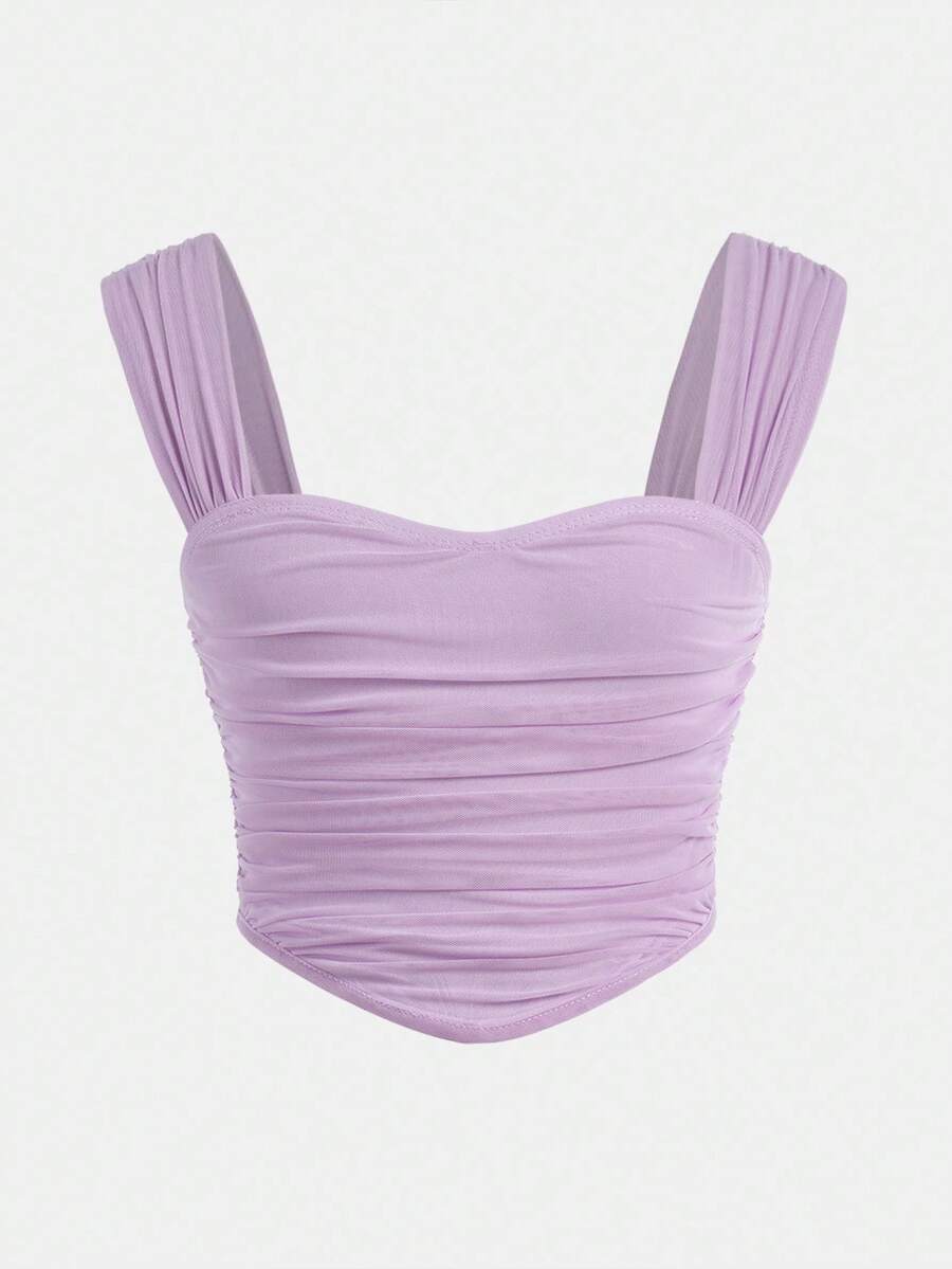 少女可爱夏日甜心领浪漫纯色褶饰宽肩带上衣，返校季，法式优雅 - 淡紫色 - 查看 1