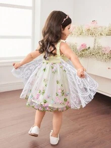 SHEIN 女婴可爱刺绣褶饰荷叶边下摆梭织连衣裙 - 彩色 - 查看 2