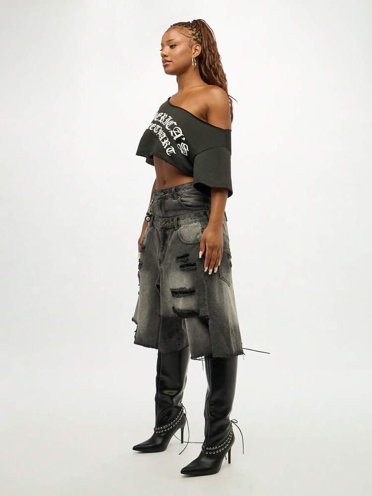 SUMWON WOMEN Bermudas vaqueras desgastadas con cintura doble y dobladillo sin rematar