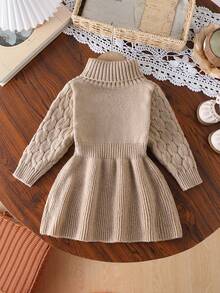 SHEIN Baby Girls Khaki High Collar Pullover A-Line Sweater Dress, Soft Knit Fabric Suitable For Outdoor & Indoor Wear, Autumn/Winter Fall - Khaki - View 2